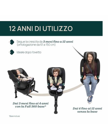 Chicco - Seggiolino Auto FullSeat 360 i-Size con base (61-150 cm) Black Satin - Spedizione Gratuita
